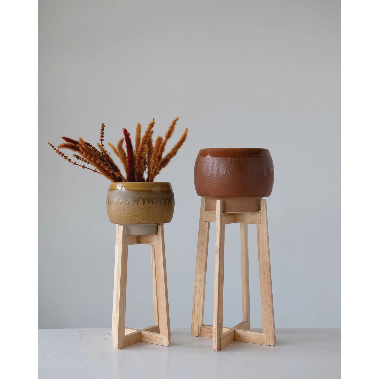 10.5" Round x 26.75"H Stoneware Planter with wood stand