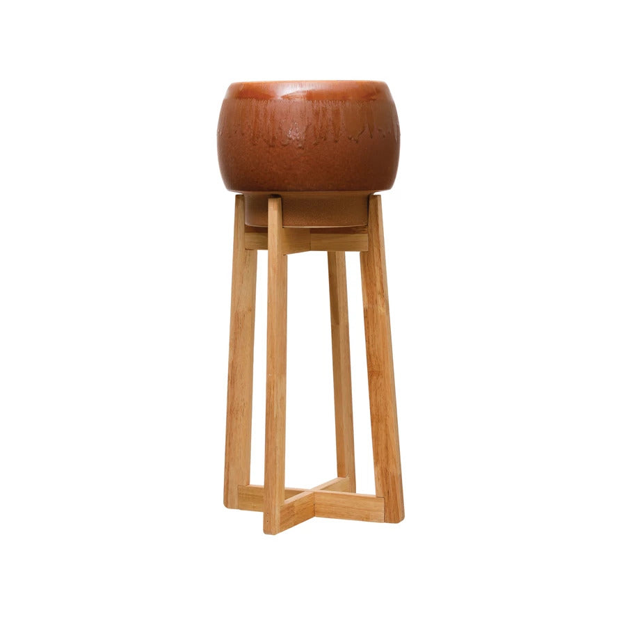 10.5" Round x 26.75"H Stoneware Planter with wood stand