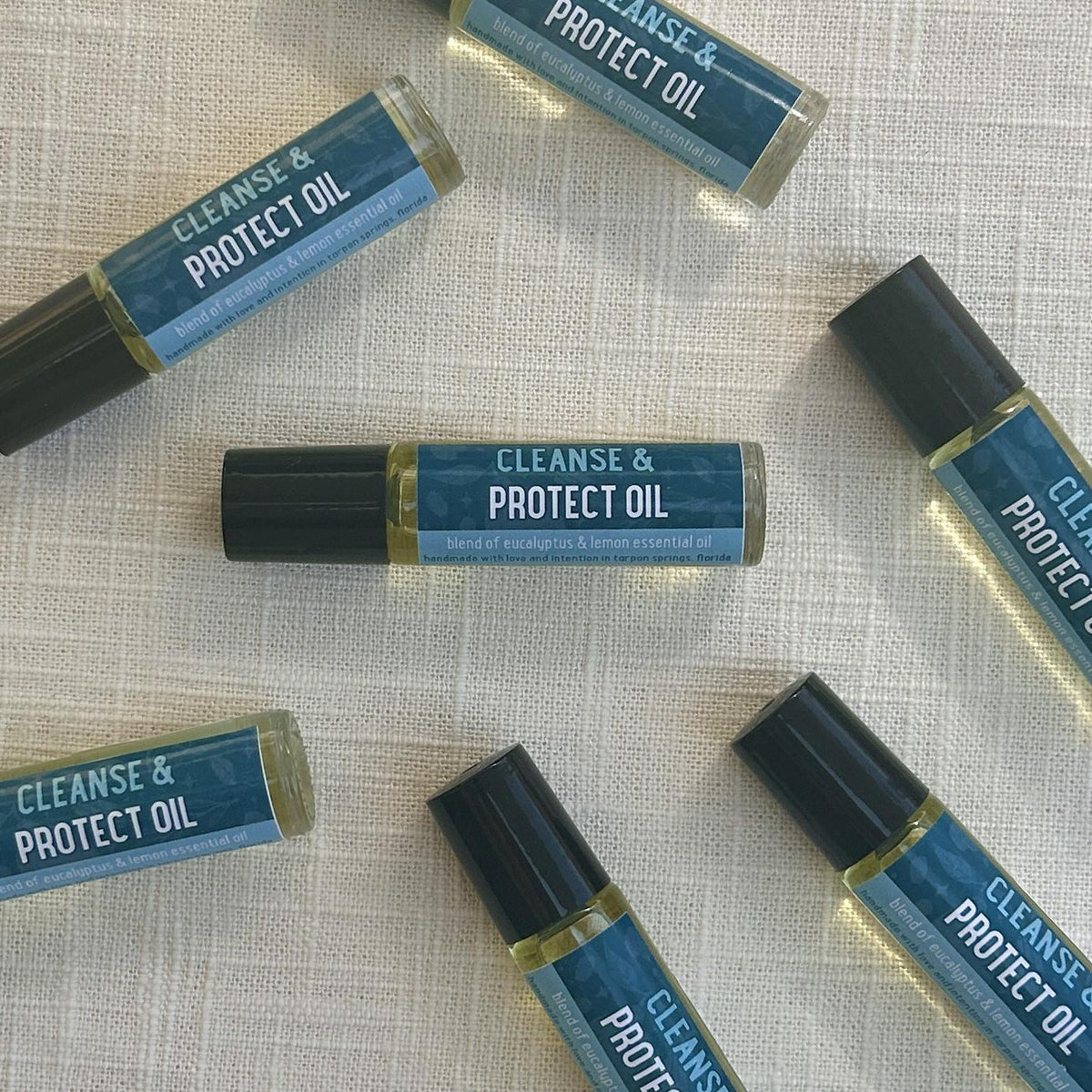 Cleanse your energy and protect your peace with the Cleanse &amp; Protect Oil Roll On! 10 ml rollerball. Scented with eucalyptus and lemon essential oils.