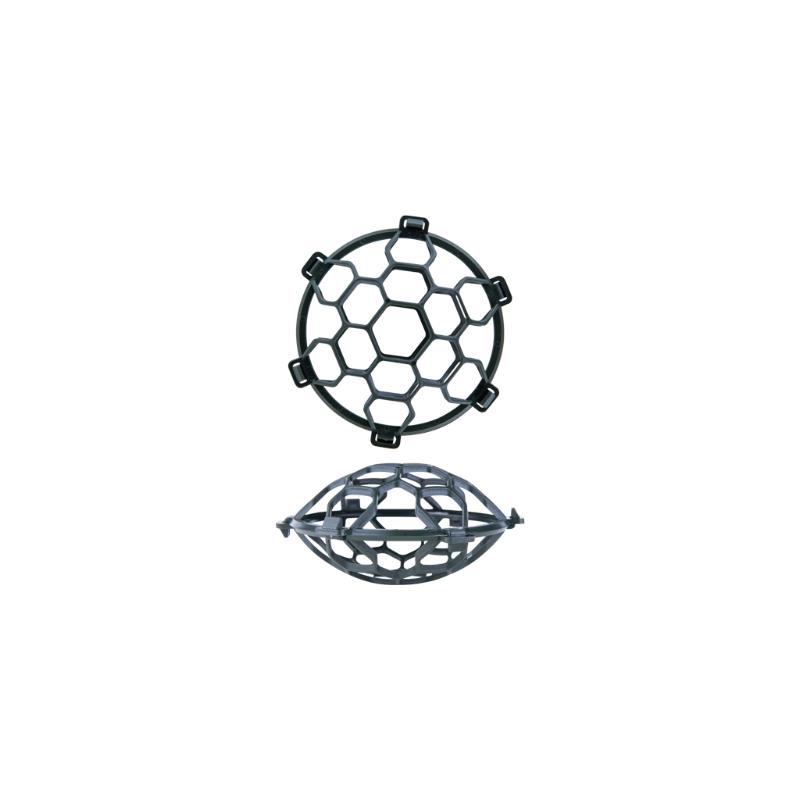 Two views of the 4" Pillow by Syndicate Sales, Inc.—a black, round plastic piece with a honeycomb pattern and six clips—perfect for supporting floral arrangements or cascade centerpieces. Top view shows the pattern; side view displays its raised shape and clips.