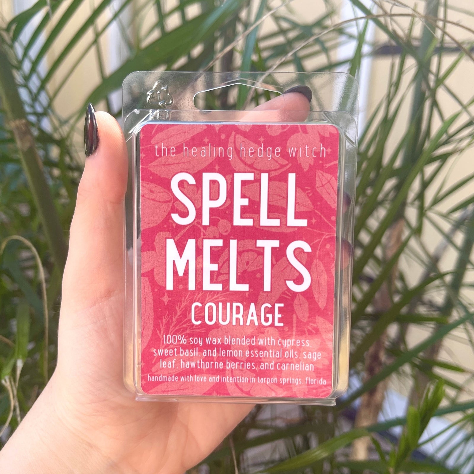 Courage Spell wax Melts Bring courage forward in your life with these hand-poured, small-batch wax melts. Scented with sweet basil, cypress, and lemon essential oils & topped with hawthorn berries, sage, and carnelian. 