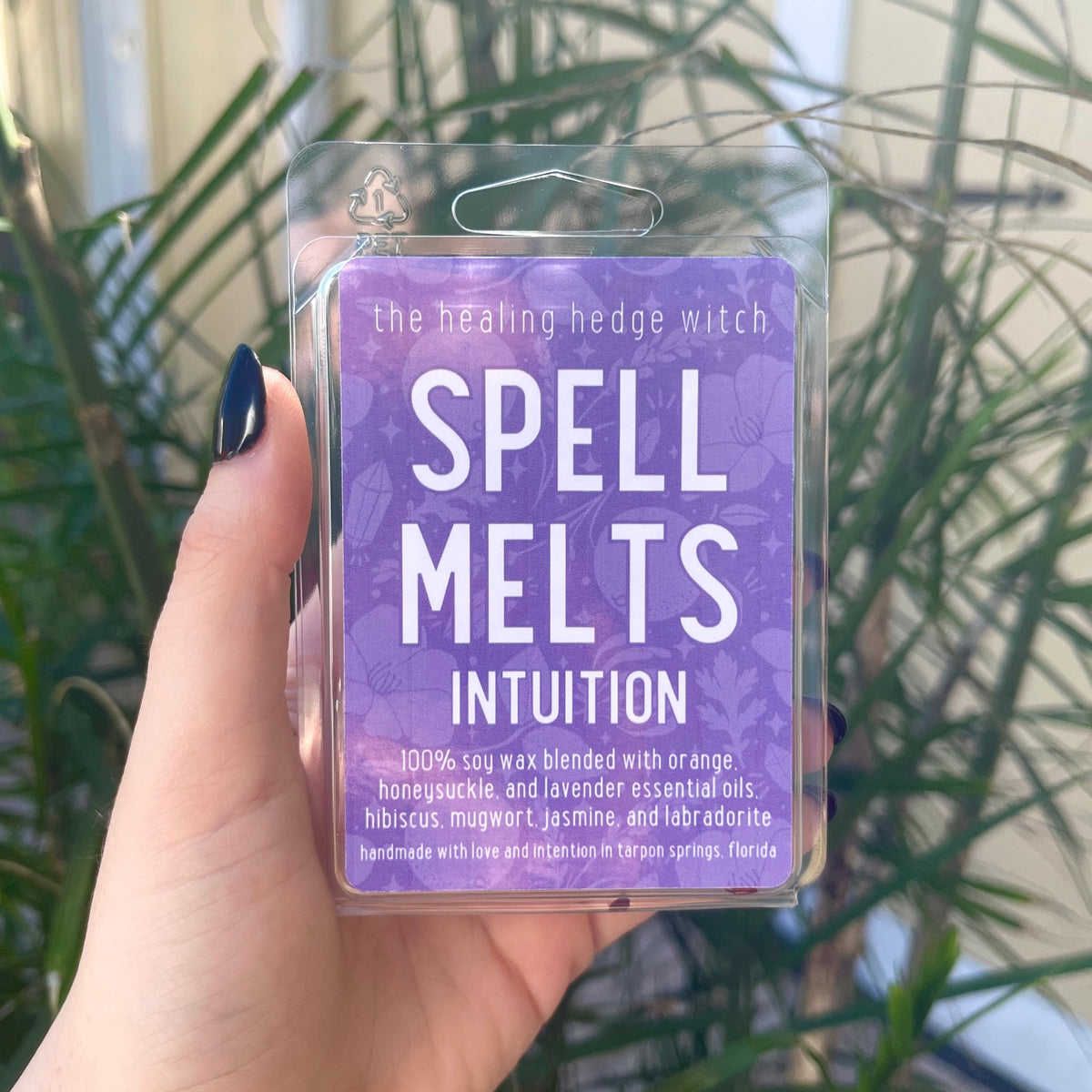 Intuition Spell wax Melts Bring intuition forward in your life with these hand-poured, small-batch wax melts. Scented with orange, honeysuckle, and lavender essential oils &amp; topped with jasmine, hibiscus, mugwort, and labradorite. 