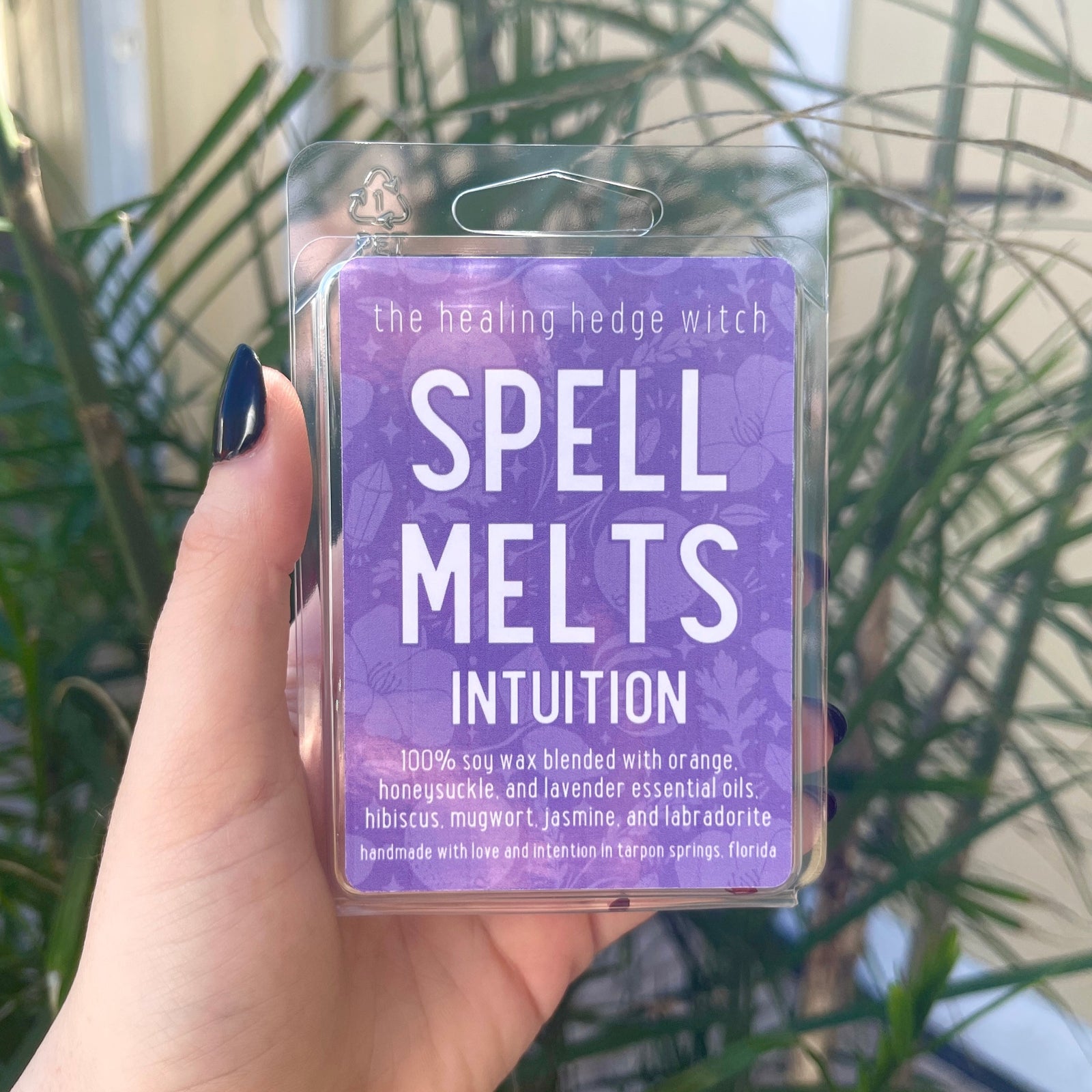 Intuition Spell wax Melts Bring intuition forward in your life with these hand-poured, small-batch wax melts. Scented with orange, honeysuckle, and lavender essential oils & topped with jasmine, hibiscus, mugwort, and labradorite. 