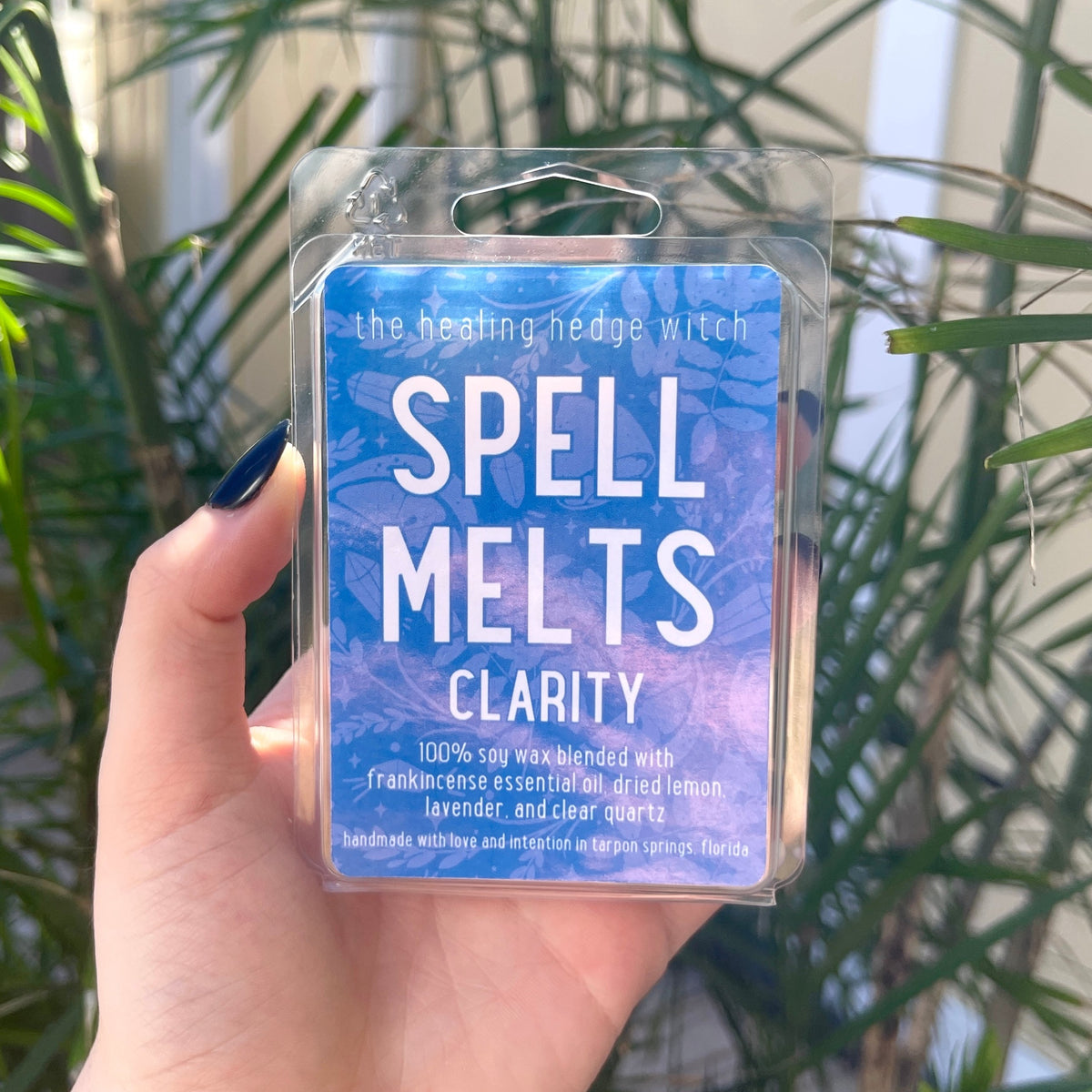 Clarity Spell wax Melts Bring clarity to the forefront of your life with these hand-poured, small batch spell melts. Scented with frankincense essential oil &amp; topped with dried lemon, lavender, and clear quartz.