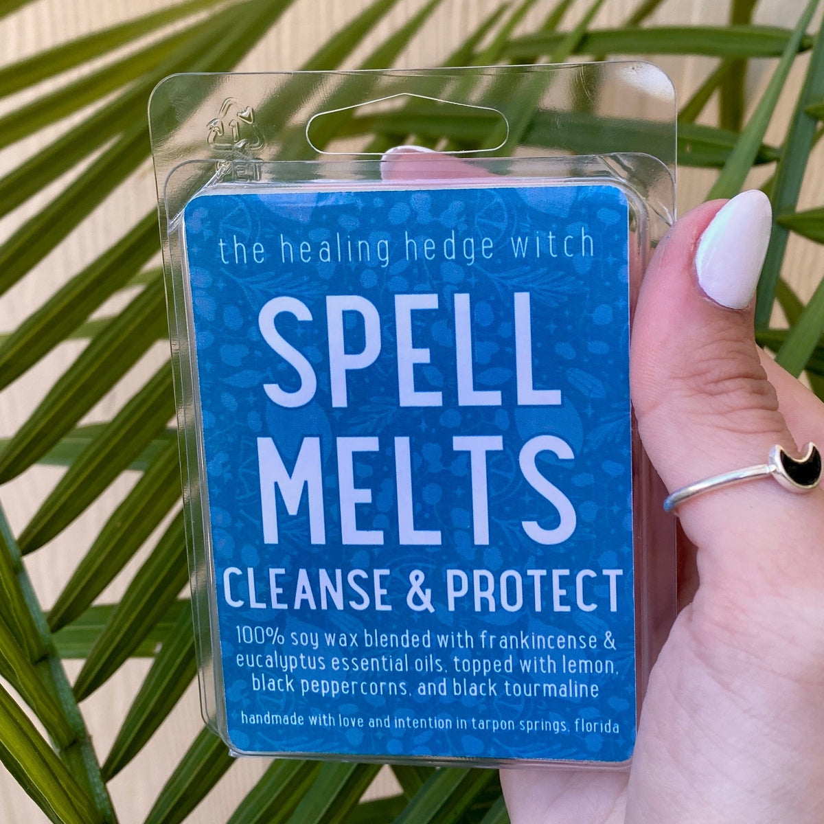 Cleanse &amp; Protect Spell Melts Cleanse and protect your space and energy with these hand-poured, small-batch, Cleanse &amp; Protect wax melts. Scented with frankincense and eucalyptus essential oils &amp; topped with black peppercorns, lemon, and black tourmaline.