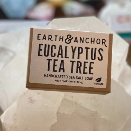 Eucalyptus Tea Tree Sea Salt Soap &nbsp;Ingredients: Saponified Oils of Olive, Coconut and Castor, Sea Salt, French Green Clay, and Fragrance.