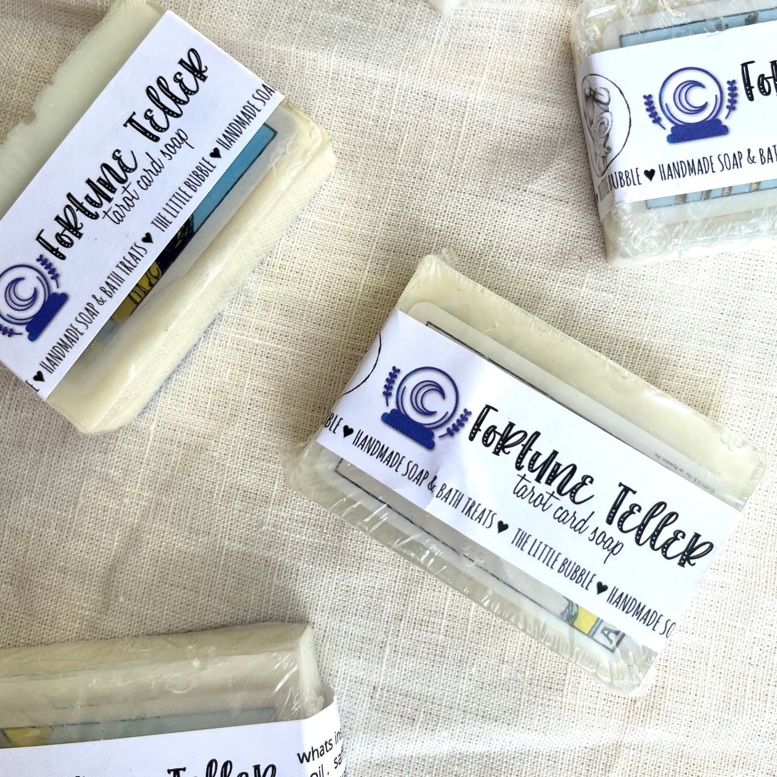 Fortune Teller Tarot Card Soap Bar Chamomile, Lavender, Palo Santo &amp; Nag Champa Shea Butter, Hemp Oil, Olive Oil, Coconut Oil Castor Oil, Vitamin E, Crystal Infused Purified Water, Oat Powder, Lavender, Chamomile, Nag Champa, and Palo Santo essential oils and Shimmer Mica