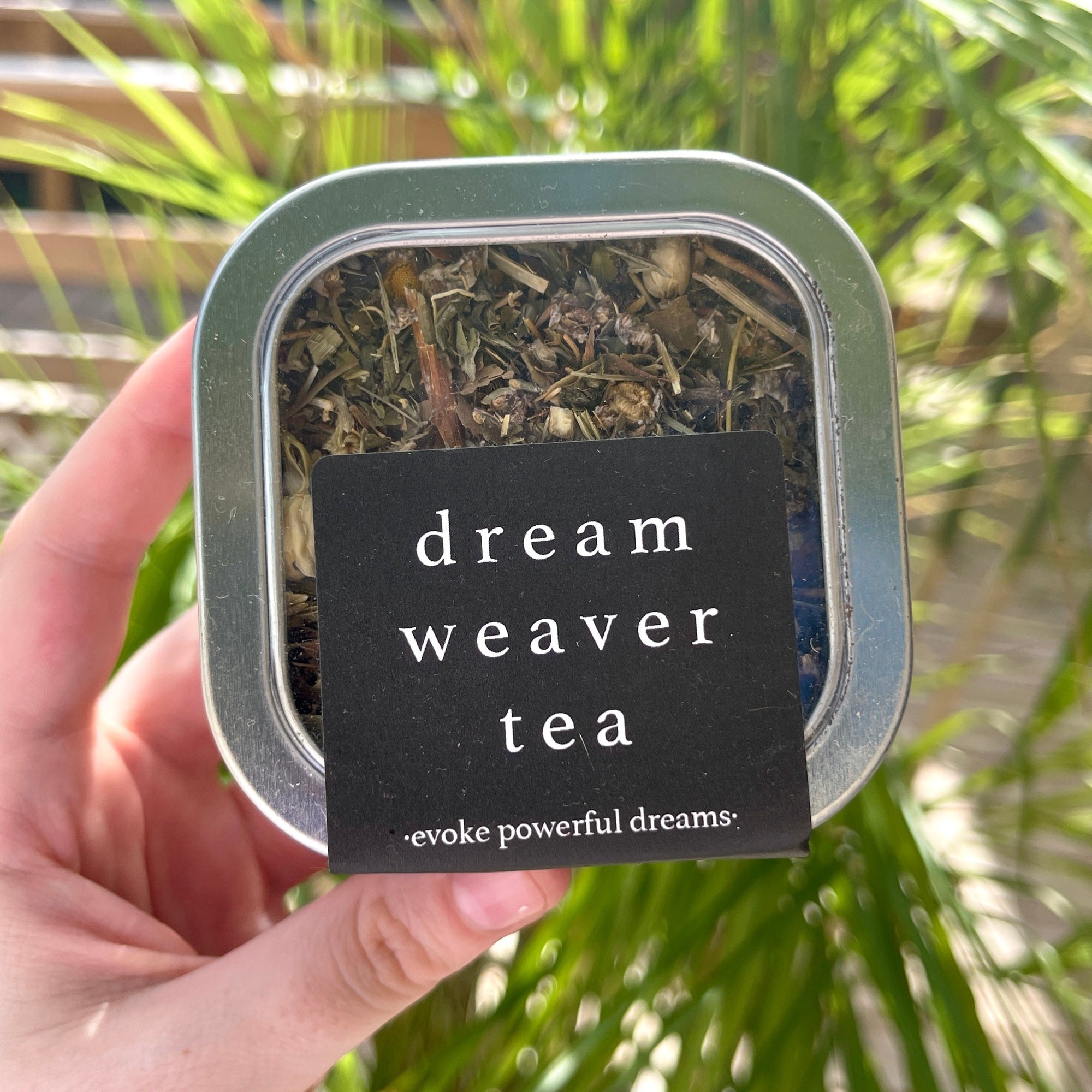 Dream Weaver Tea. Ingredients: mugwort, passion flower, catnip, hops flower, ginkgo, oat straw, peppermint, lemon balm, jasmine, and chamomile.
