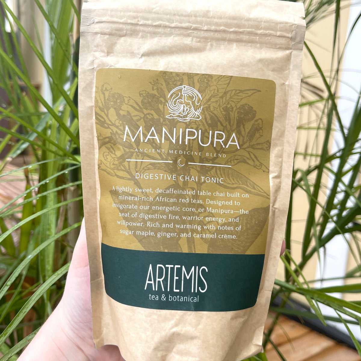 Manipura Digestive Tea &amp; Tonic Helps balance blood sugar, treat poor appetite, as well as reduce nausea, bloating after meals, and sluggish bowels. Ingreditents Rooibos, honeybush, cacao nibs, cinnamon bark, orange peel, wild yam, fenugreek, dandelion root, cardamom, coconut flakes, ginger, carob, pink peppercorn, vanilla