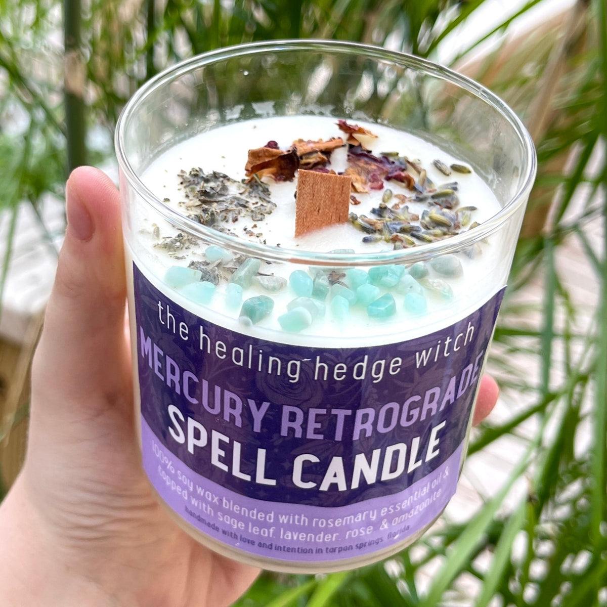 Mercury Retrograde Spell Candle This Mercury Retrograde Spell Candle will help you protect your energy, soothe those frayed nerves, and keep your communication clear.Scented with rosemary essential oil &amp; topped with sage leaf, lavender, and rose, and amazonite.