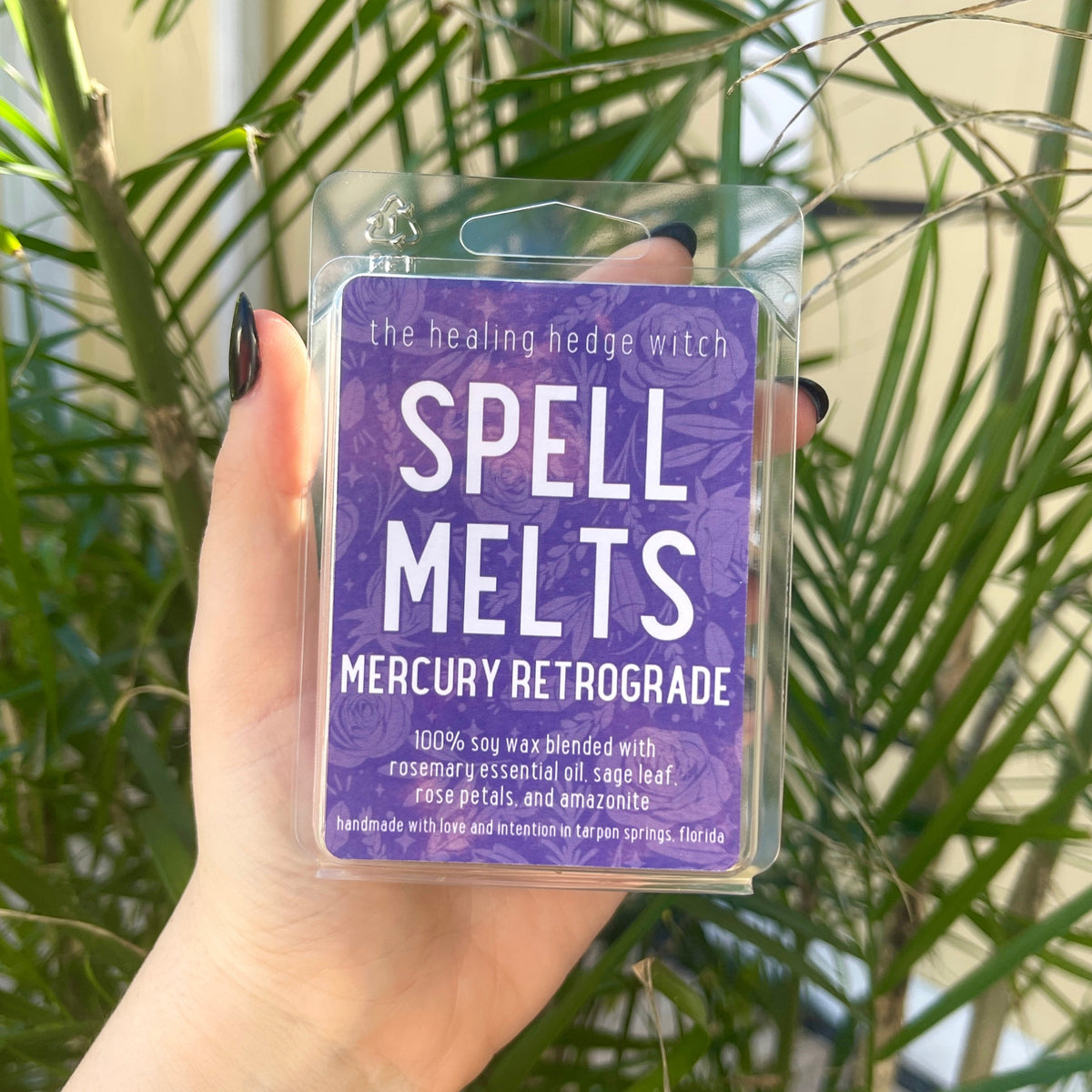 Mercury Retrograde Spell wax Melts Protect your energy during Mercury Retrograde with these hand-poured, small-batch spell melts. Scented with rosemary essential oil &amp; topped with sage leaf, rose petals, and amazonite.