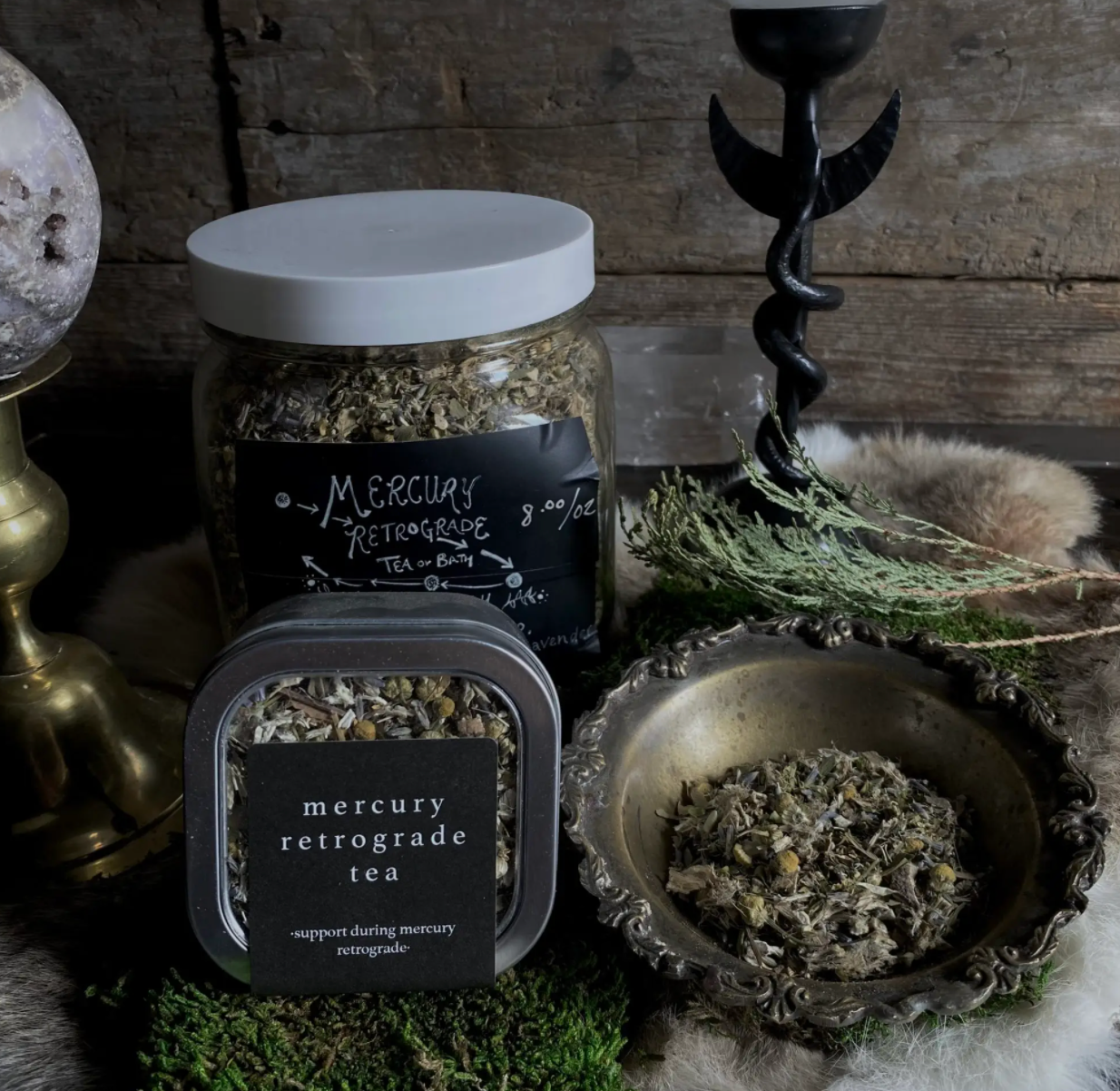 Mercury Retrograde Tea Ingredients: marshmallow root, skullcap, chamomile, elderflower, lavender, ginkgo, and vervain herbs.