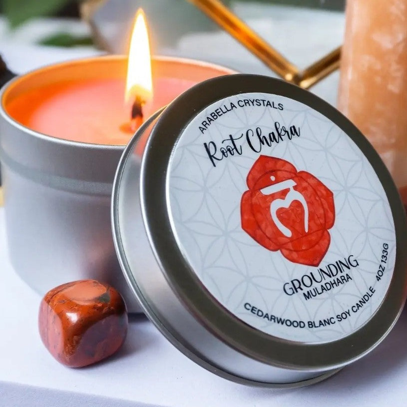 Root Chakra Candle Tin Cedarwood Blanc&nbsp;+ patchouli, lemon, geranium, and eucalyptus essential oils. HIDDEN GEMSTONE: RED JASPER
