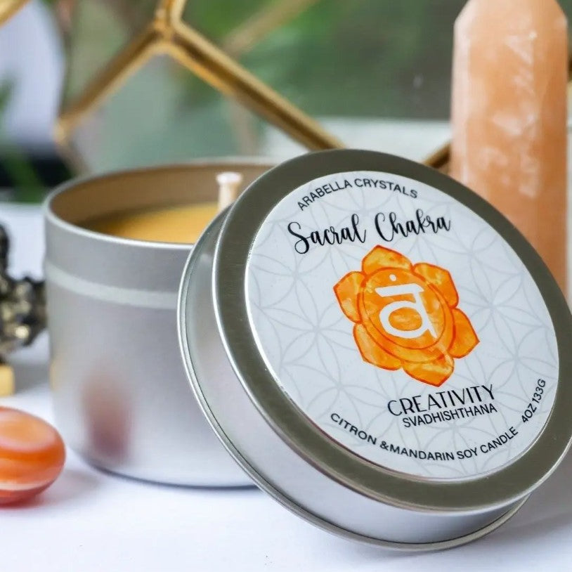 Sacral  Chakra Candle Tin Citron and Mandarin + Orange, Lemon and Grapefruit essential oil.  HIDDEN GEMSTONE:  CARNELIAN AGATE