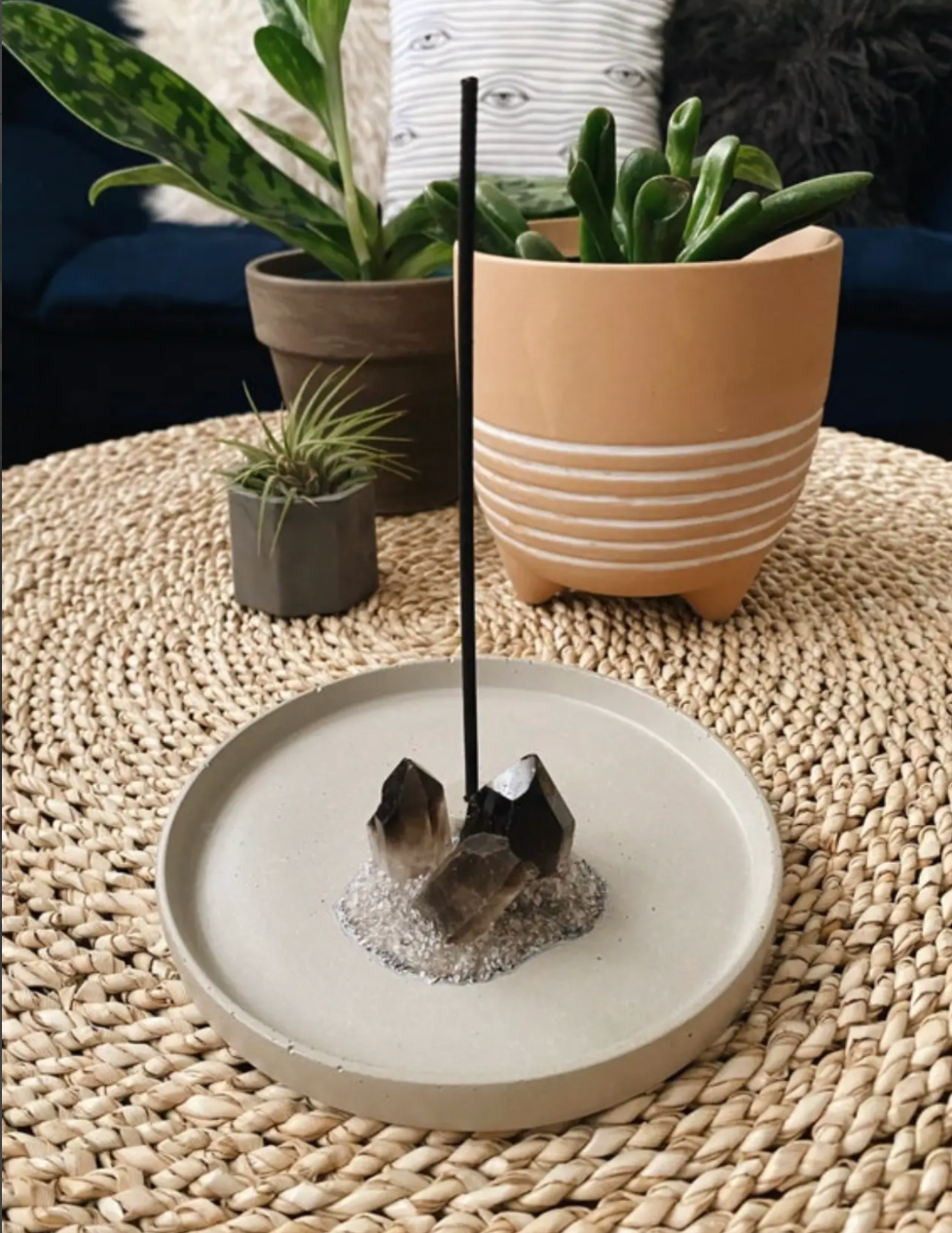 Smoky Quartz and Concrete Large Round Incense Holder with Gold Accent