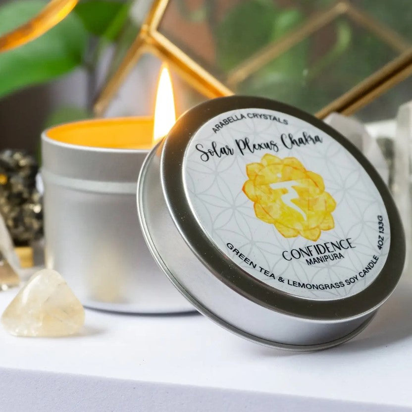 Solar Plexus Chakra Candle Tin scented with Green Tea and Lemongrass + Orange, Lemongrass and Citronella essential oil HIDDEN GEMSTONE: CITRINE