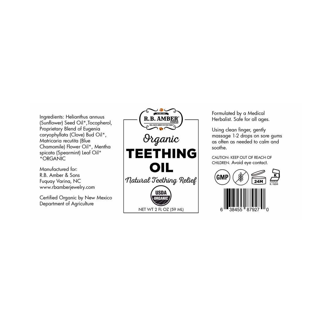 Label for Organic Teething Oil for Safe + Effective Teething Relief by R.B. Amber Jewelry - Faire; includes all-natural ingredients, usage directions, manufacturer info, USDA Organic seal, safety warnings; black text on white with vintage-style borders.
