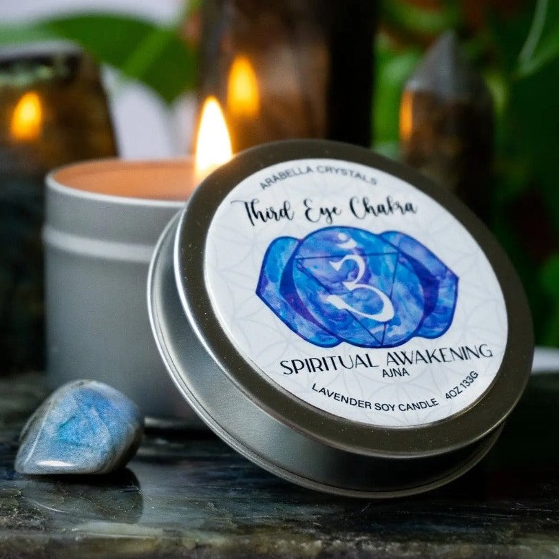 Third Eye Chakra Candle Tin Lavender + Lavender, Orange, Lemon and Cedarwood essential oil HIDDEN GEMSTONE:LABRADORITE