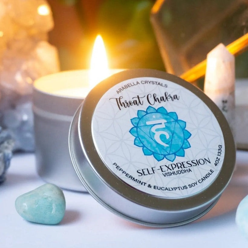 Throat Chakra Candle Tin Peppermint and Eucalyptus + eucalyptus,, cedarwood, and patchouli essential oil. HIDDEN GEMSTONE: AMAZONITE