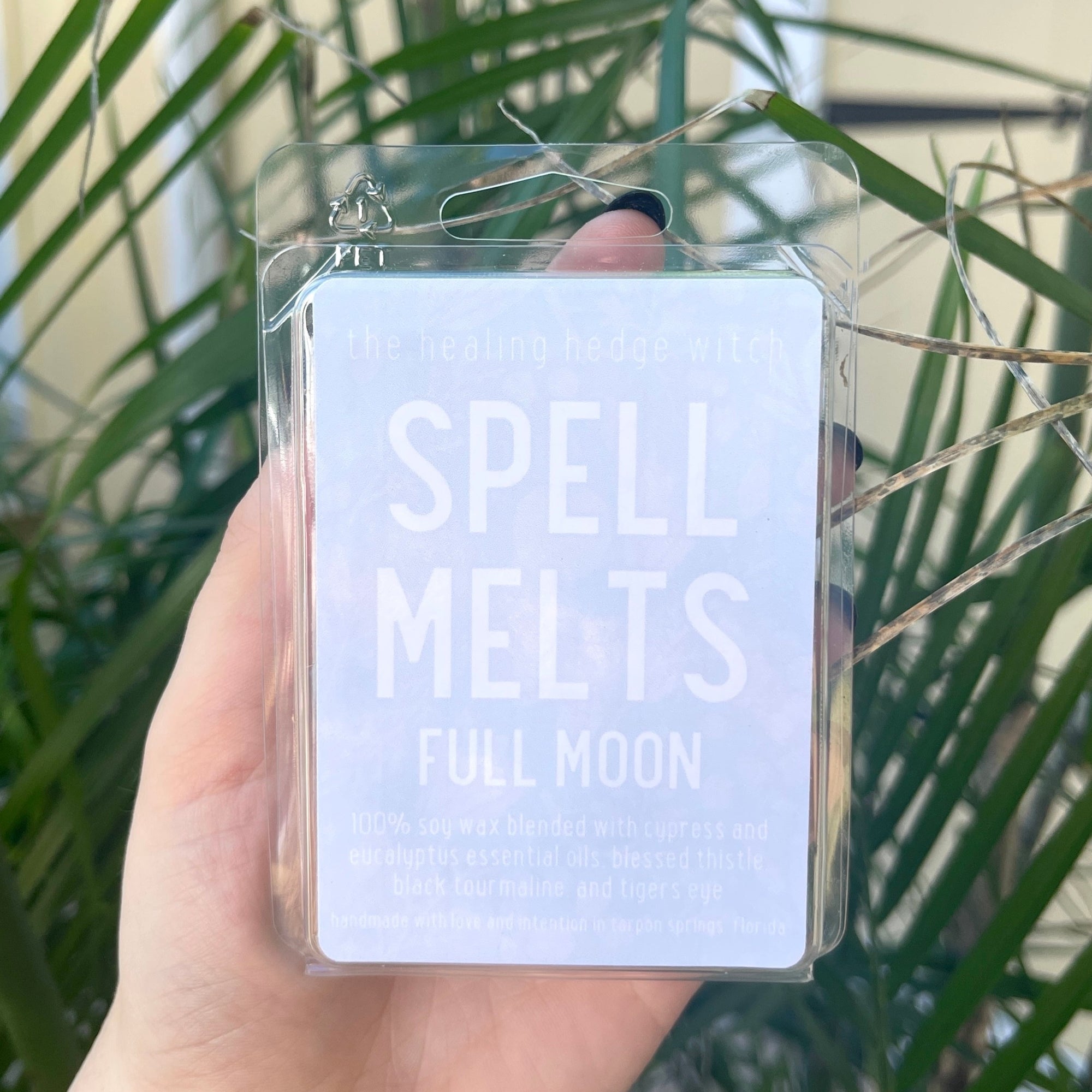 Full Moon Spell wax Melts Work with the energy of the Full Moon with these hand-poured, small-batch spell melts. Scented with cypress and eucalyptus essential oils & topped with blessed thistle, black tourmaline, and tiger's eye.