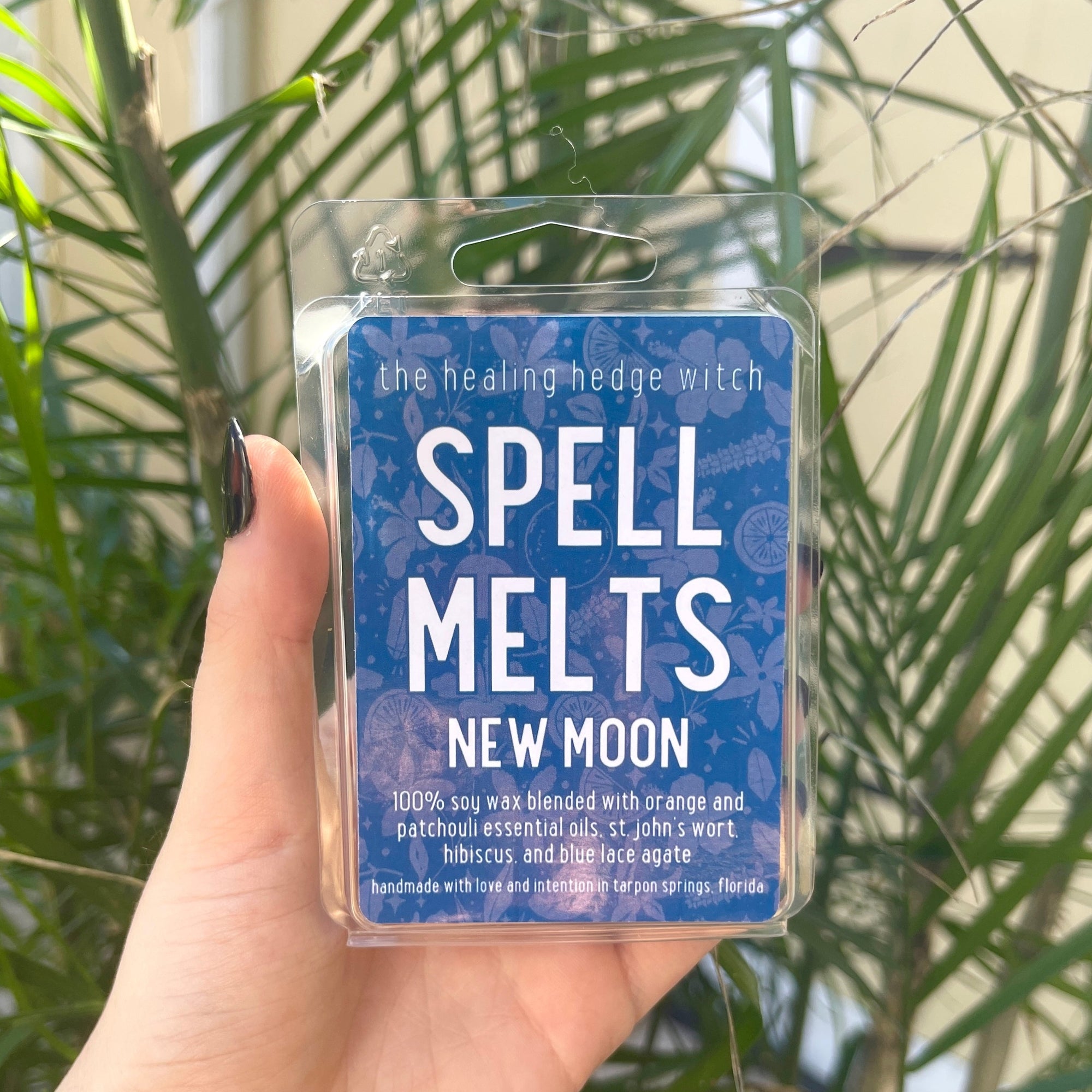 New Moon Spell wax Melts Work with the energy of the New Moon with these hand-poured, small-batch spell melts. Scented with orange and patchouli essential oils with hibiscus, St. John's wort, and blue lace agate.