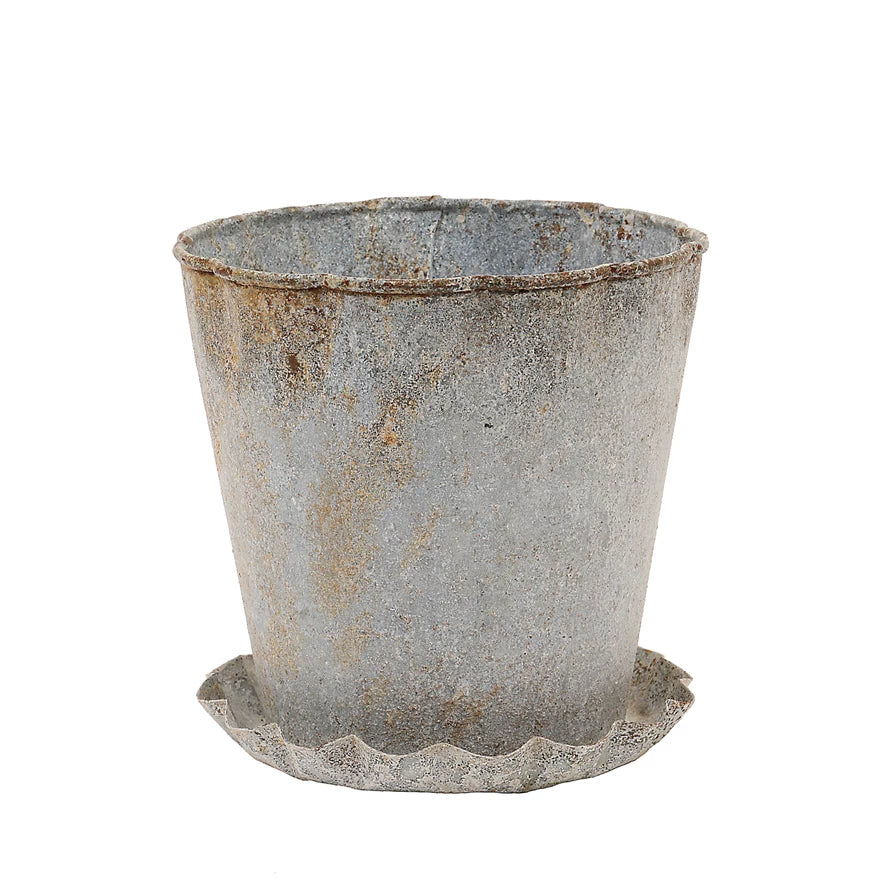 Distressed Metal Planter w/pleated Saucer
