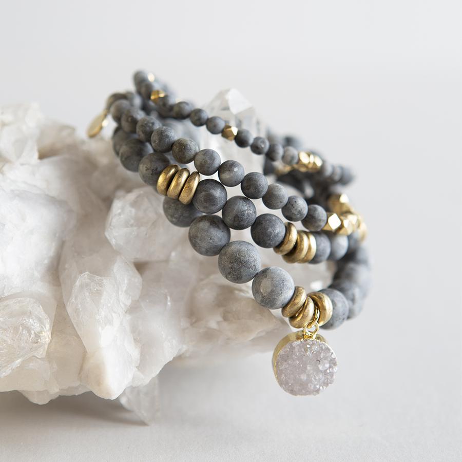 The Labradorite Gemstone Bracelet by Lenny & Eva features gray labradorite beads, gold accents, and a sparkling druzy charm—gift-ready jewelry crafted from natural semi-precious stones.
