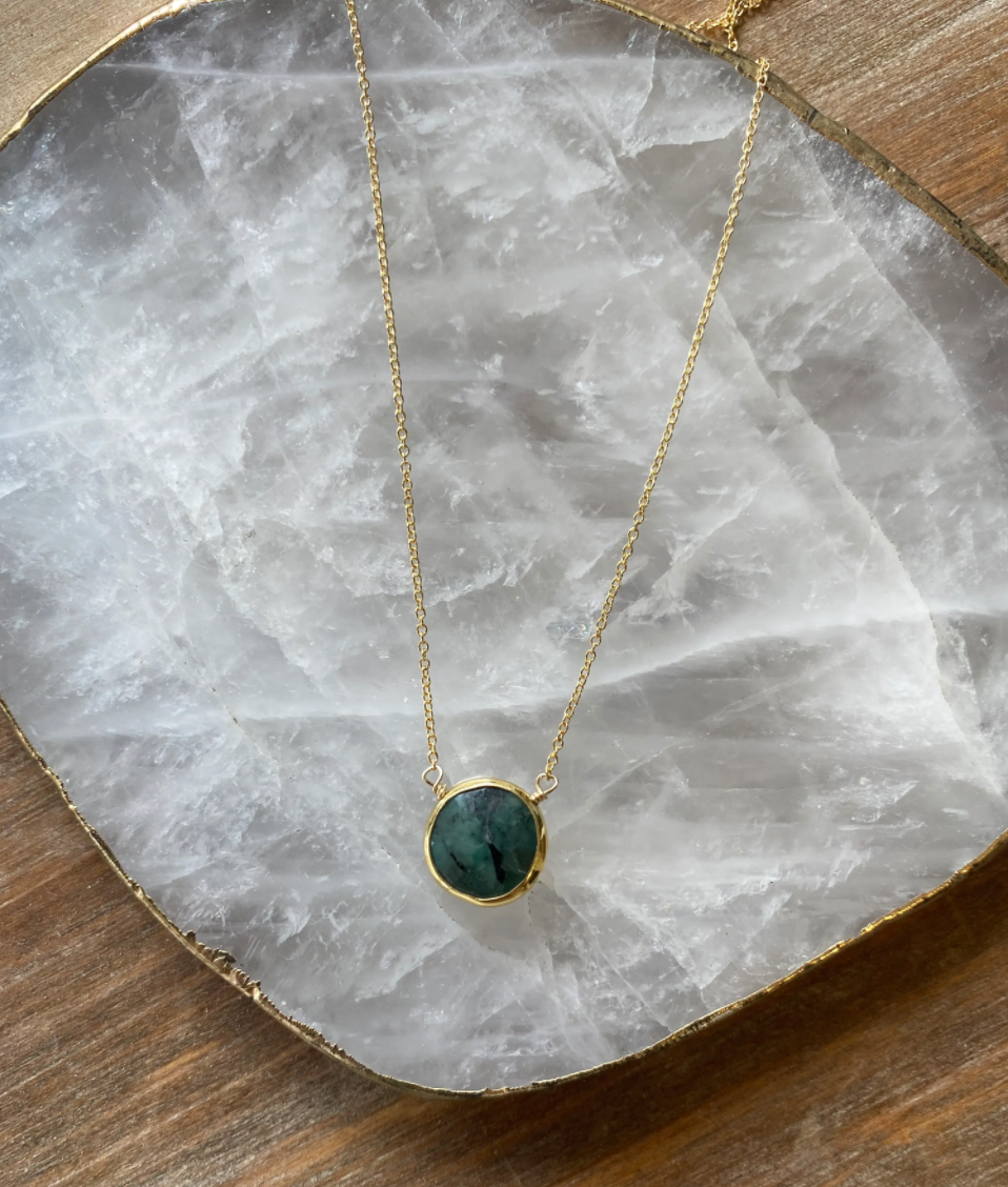Raw Emerald Circle Bezel Necklace